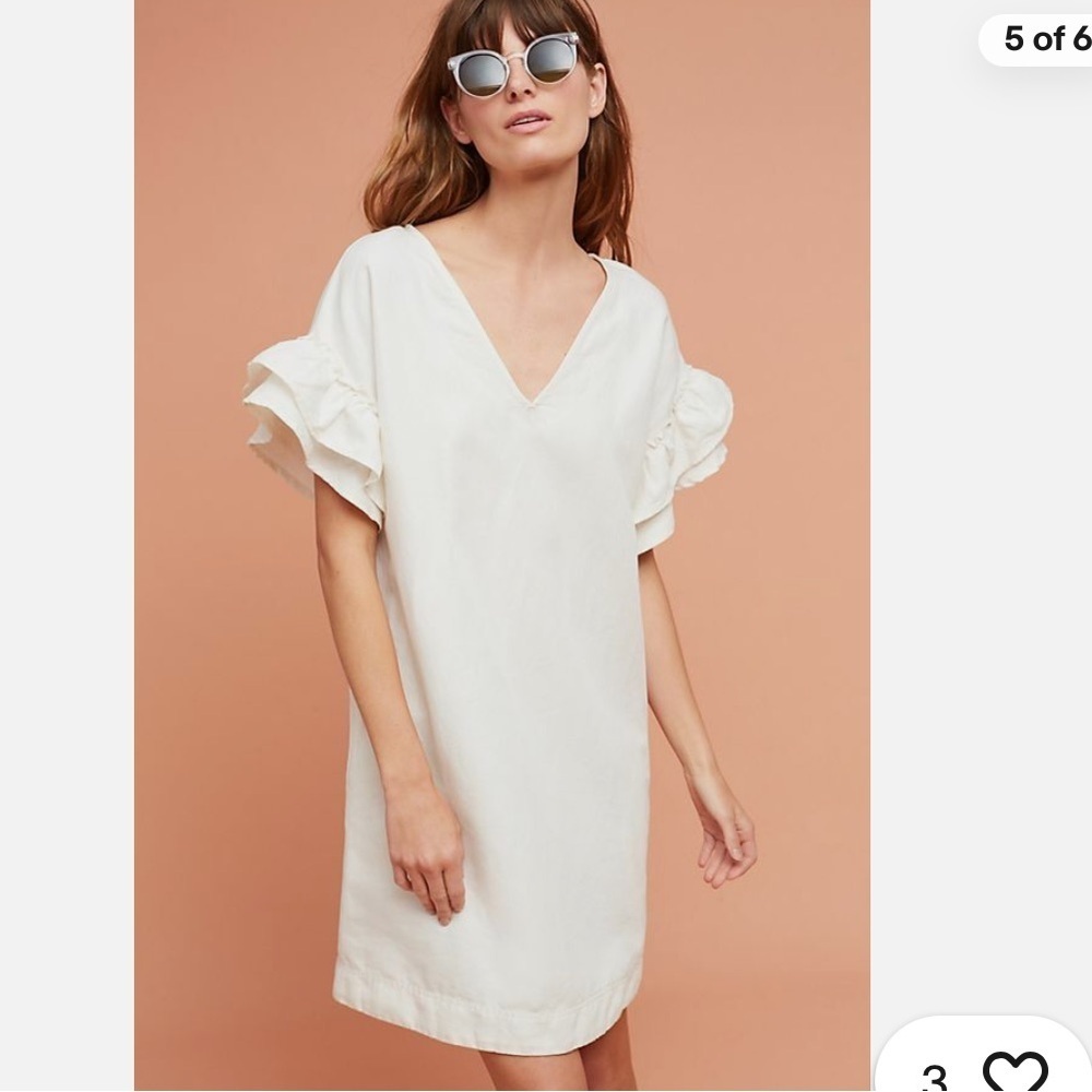 Anthropologie Cream Ruffle-Sleeve Mini Dress